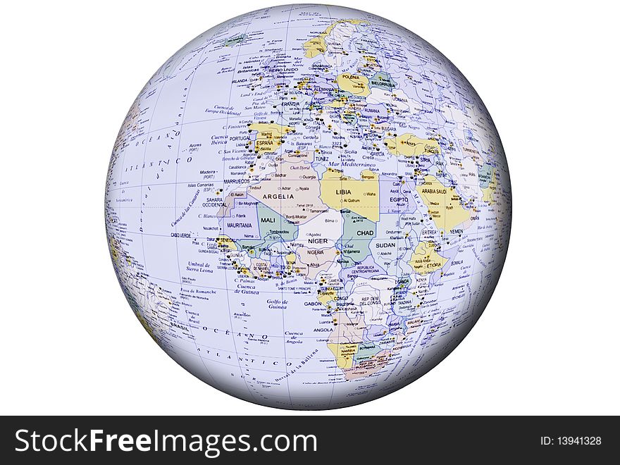 This image depicts a globe, on a white background. This image depicts a globe, on a white background