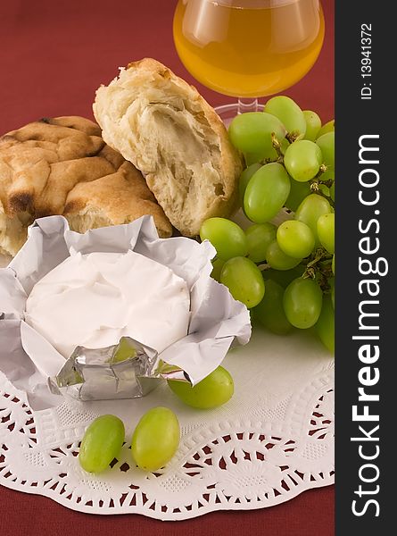 Fresh Bread With Grapes And Cheese