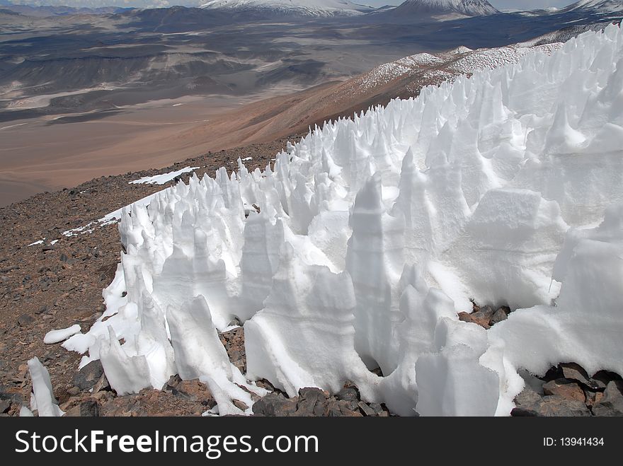 Snow on slope of Ojos del salada, Argentina-Chile