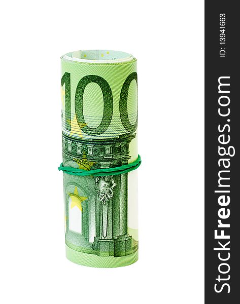 Roll of 100 Euro notes with an elastic band wrapped around. Roll of 100 Euro notes with an elastic band wrapped around.