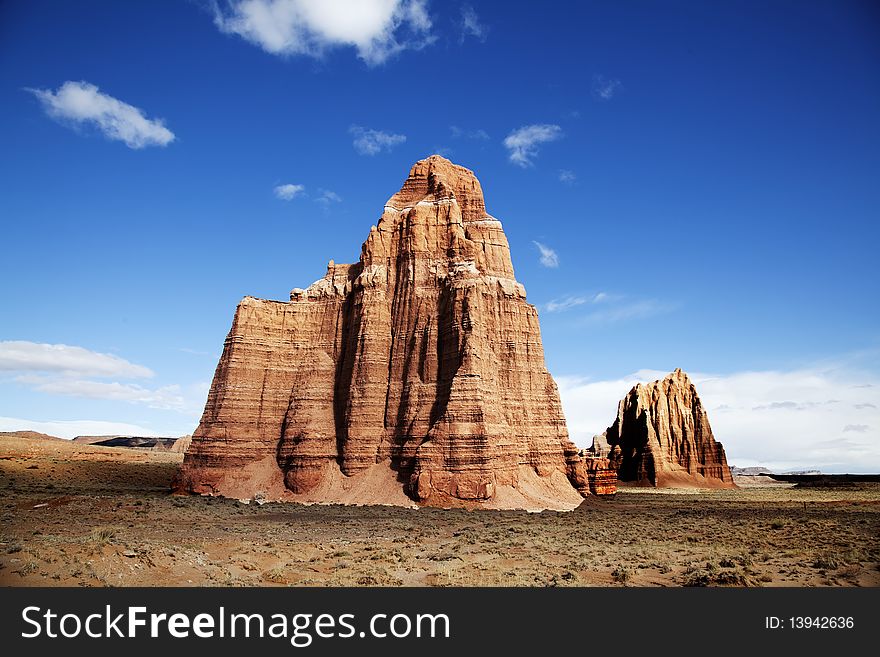 View of the red rock formations in Capitol Reef National Park with blue sky�s and clouds