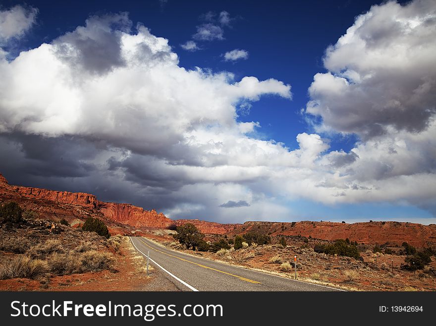 View of the red rock formations in Capitol Reef National Park with blue sky�s and clouds