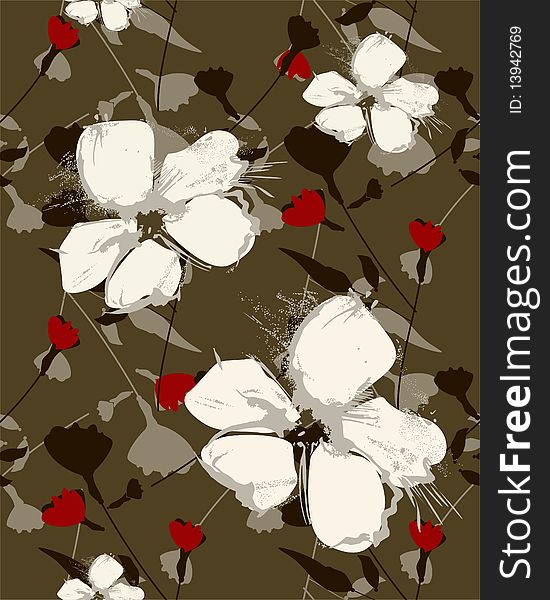 Repeat floral background in brown, red and white colors. Repeat floral background in brown, red and white colors