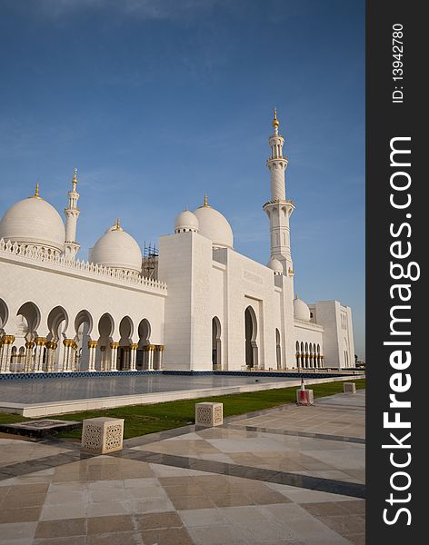 A view of the exterior of a mosque. A view of the exterior of a mosque