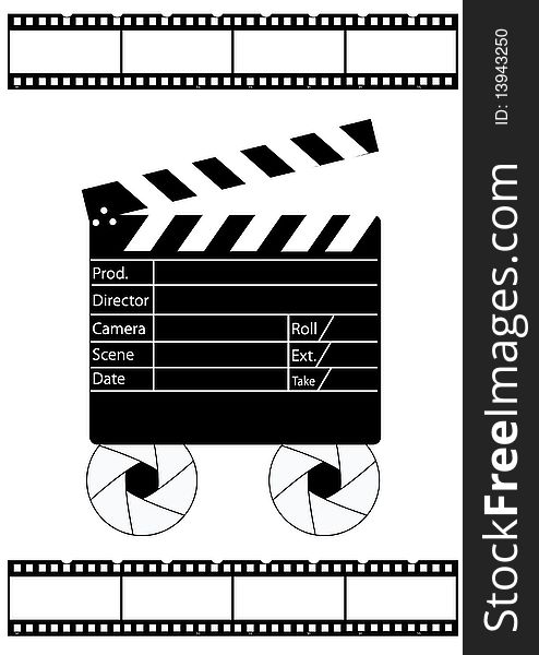 Movie director clapperboard and film strip