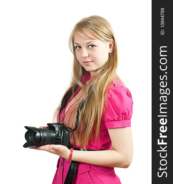 Young girl with camera. Isolated over white background