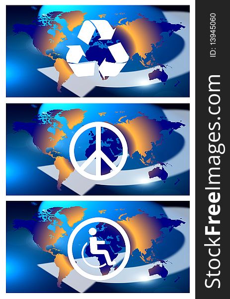 An image showing the world globe showing the earth in flat form. The image is for the concept of global recycle, world peace and handicap and has an recycle, peace, and handicap symbols over the planet image. This concept focuses on all the globe with America on the left, Europe in the middle and on the left the  far east  with china, India and Australia and New Zealand. This image is shown as a set of three images on one sheet. An image showing the world globe showing the earth in flat form. The image is for the concept of global recycle, world peace and handicap and has an recycle, peace, and handicap symbols over the planet image. This concept focuses on all the globe with America on the left, Europe in the middle and on the left the  far east  with china, India and Australia and New Zealand. This image is shown as a set of three images on one sheet.