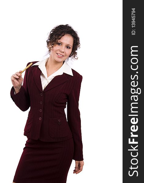 Whole-length portrait of business woman with brown hair is standing. Brunette businesswoman dressed in red suit. Isolated over white background.