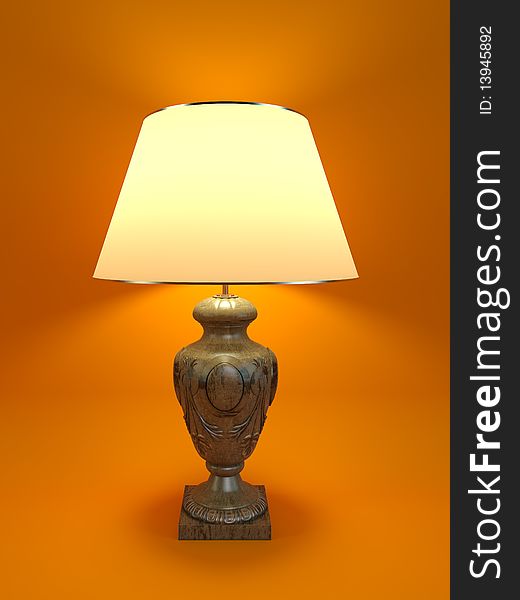 Large classic lamp with white shade on orange background. 3D render.