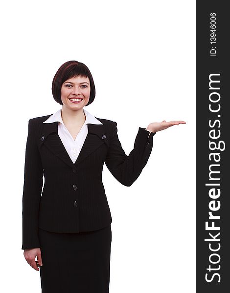 Busnesswoman something on her hands. Young friendly smiling business woman presenting something. Photo of showing female, isolated on white. Busnesswoman something on her hands. Young friendly smiling business woman presenting something. Photo of showing female, isolated on white.