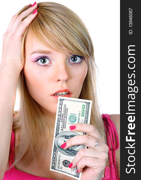 Woman holding money, shot on white background
