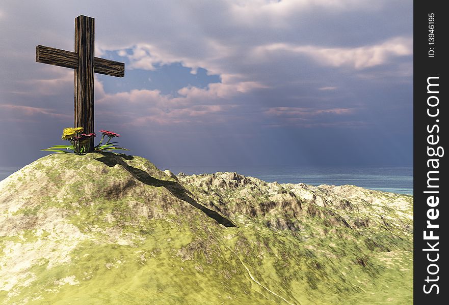 A cross on a mountain top with flowers. A cross on a mountain top with flowers