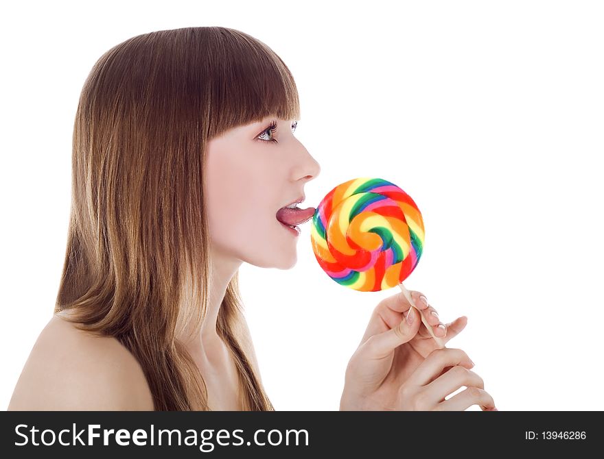 Bright picture of happy blondie with color lollipop. Bright picture of happy blondie with color lollipop