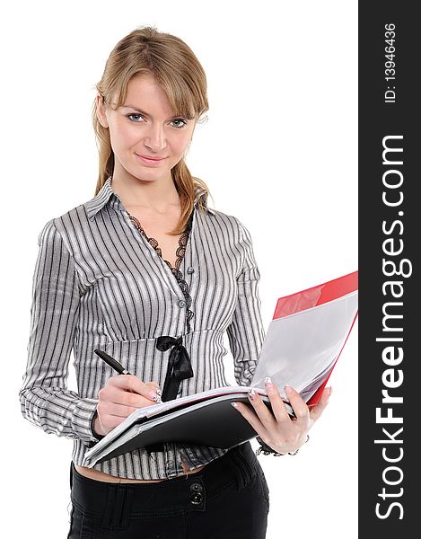 Young woman in business attire holding a planner/folder. Young woman in business attire holding a planner/folder