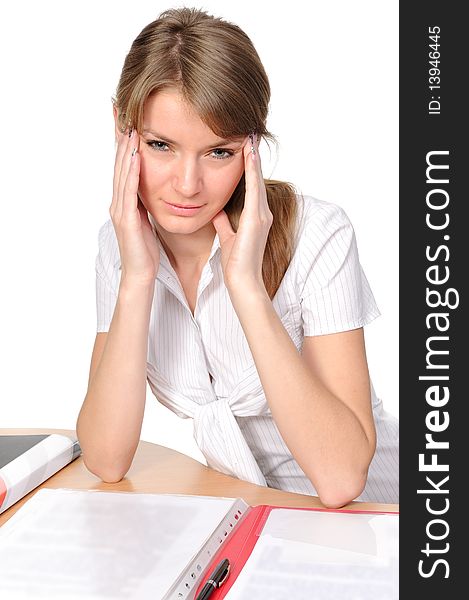 Business woman with strong headache isolated on white background. Business woman with strong headache isolated on white background