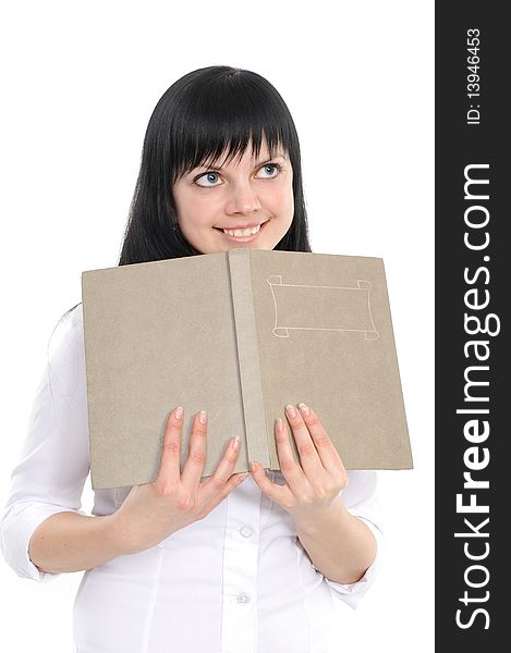 Dreaming woman with the book in hands, on a white background. Dreaming woman with the book in hands, on a white background