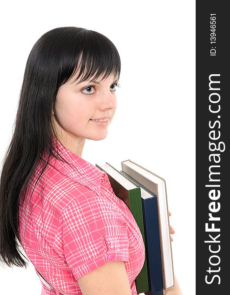 Young girl with long hair and book on a white background. Young girl with long hair and book on a white background