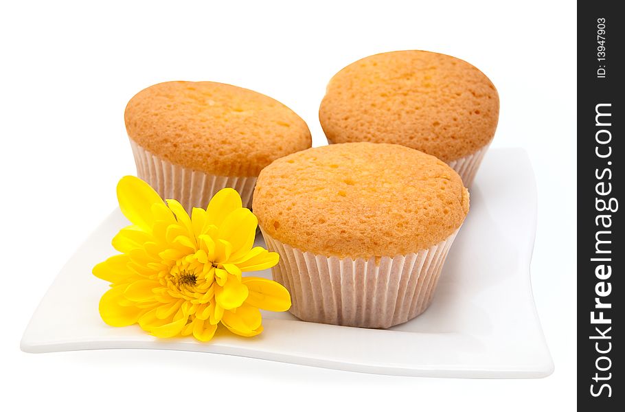 Gentle vanilla cakes on a white plate and a yellow camomile