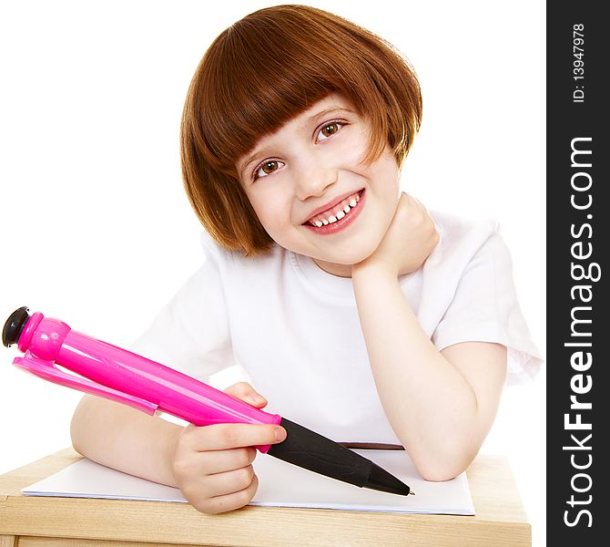 Little girl writing over white