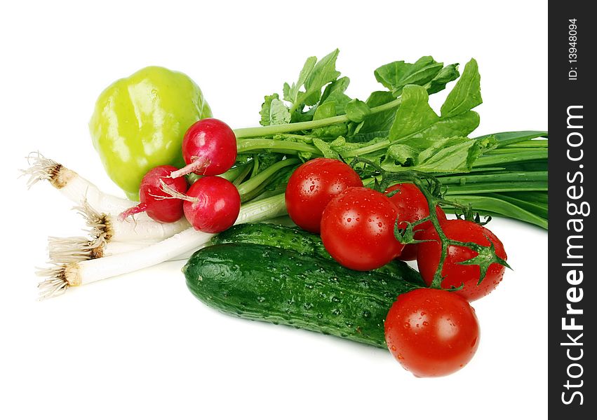 Fresh healthy salad ingredients on white background