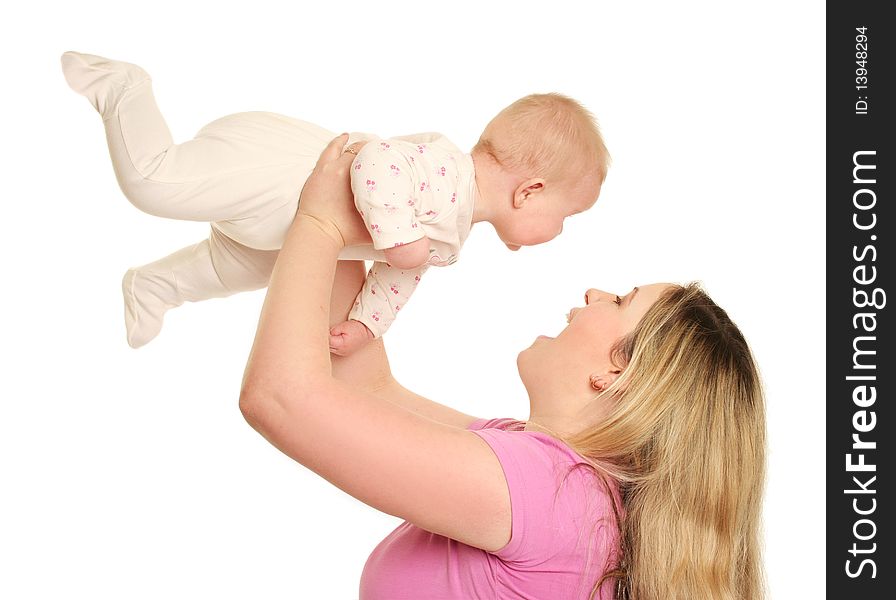 Young mother with baby isolated on white. Young mother with baby isolated on white