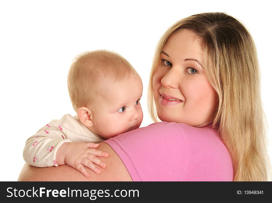 Young mother with baby isolated on white. Young mother with baby isolated on white