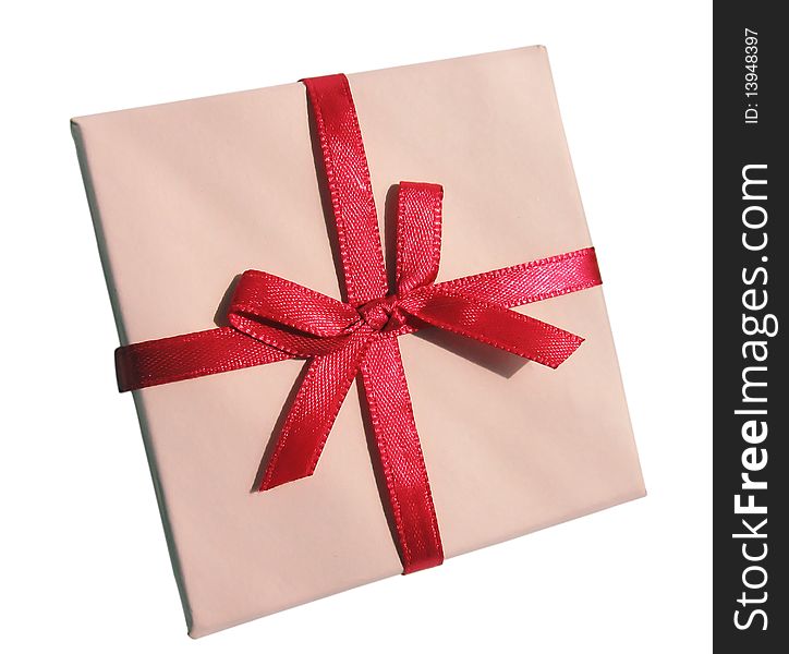 The pink gift box with red ribbon, isolated on a white background