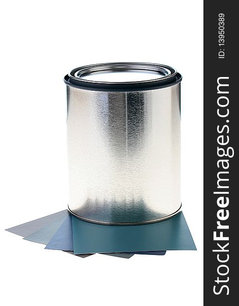 The metal container for a paint with samplers of grey-blue scale.