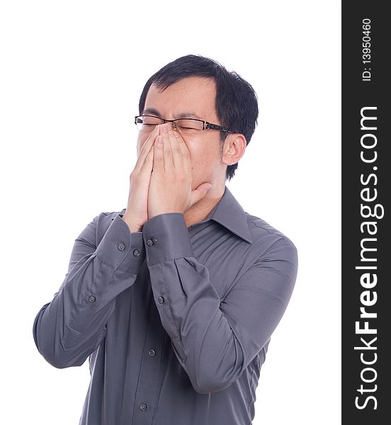 Young asian male model with hand gesture in business shirt