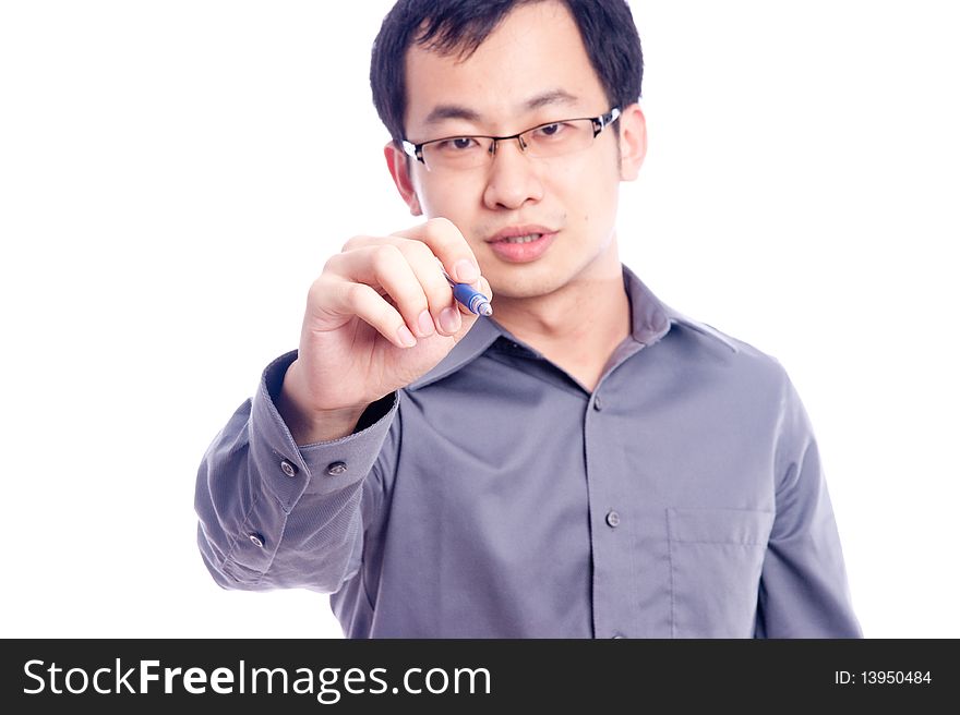 Young asian male model with hand gesture in business shirt