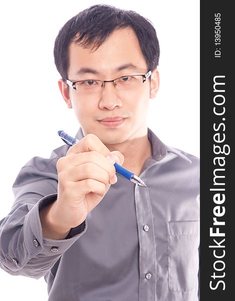 Young asian male model with hand gesture in business shirt