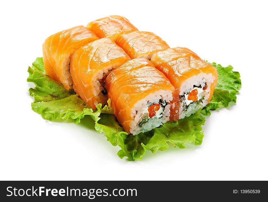 Roll with Cream Cheese, Salmon roe (ikura) and Cucumber inside. Salmon and outside. Served on Salad Leaf. Roll with Cream Cheese, Salmon roe (ikura) and Cucumber inside. Salmon and outside. Served on Salad Leaf