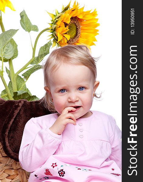 Baby Girl With Sunflower On White