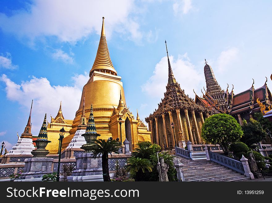 Famous temple Phra Sri Ratana Chedi covered with foil gold in the inner Grand Palace. Famous temple Phra Sri Ratana Chedi covered with foil gold in the inner Grand Palace