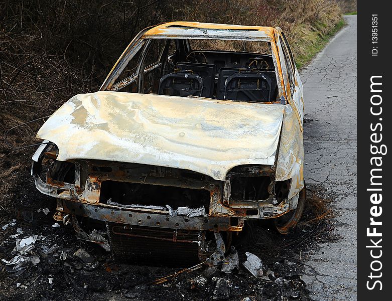 Car burnt out wreckage