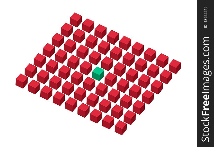 Rows of cubes with single green cube in center. Rows of cubes with single green cube in center