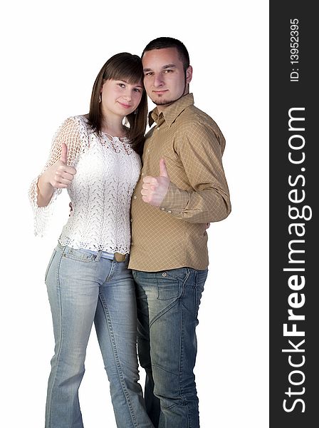 Young woman and young man with thumb up. Young woman and young man with thumb up