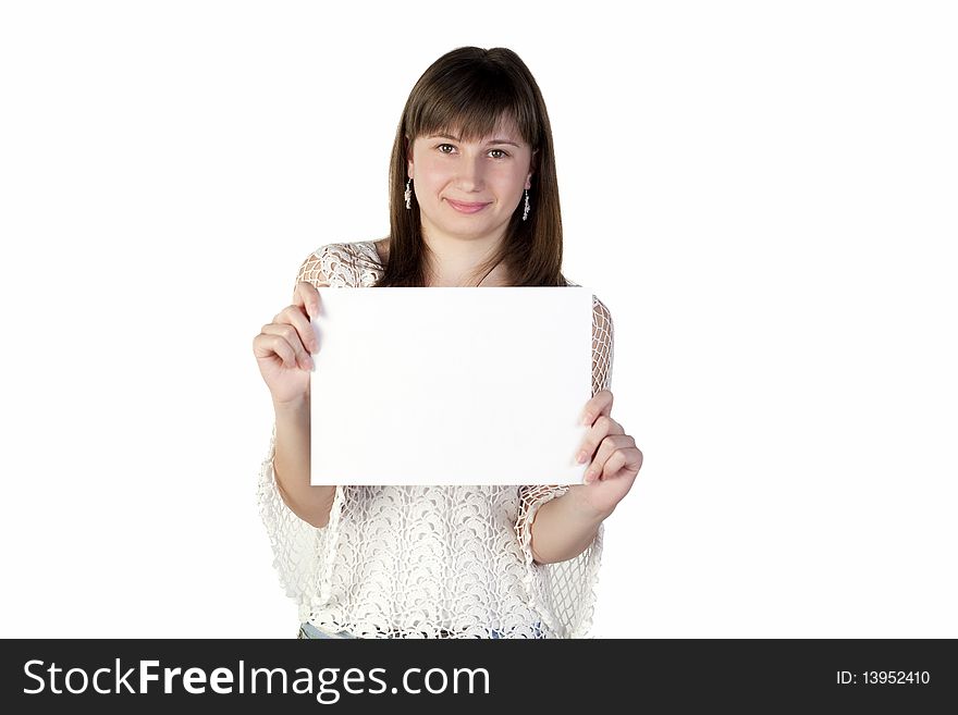 Teenage girl holding a paper on a white background. Teenage girl holding a paper on a white background
