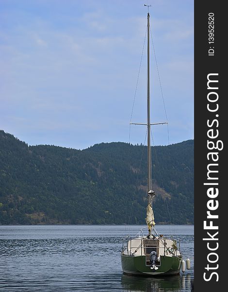 Green sailboat moored in the calm waters of a sheltered bay. Green sailboat moored in the calm waters of a sheltered bay.