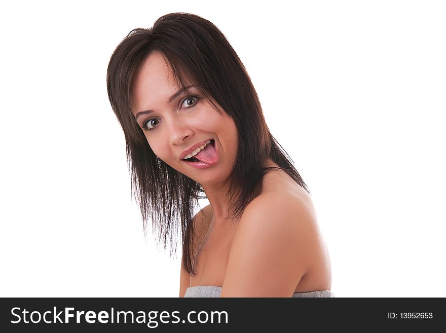 Close up portrait of a beautiful woman with sad emotion on her face, on a white background;