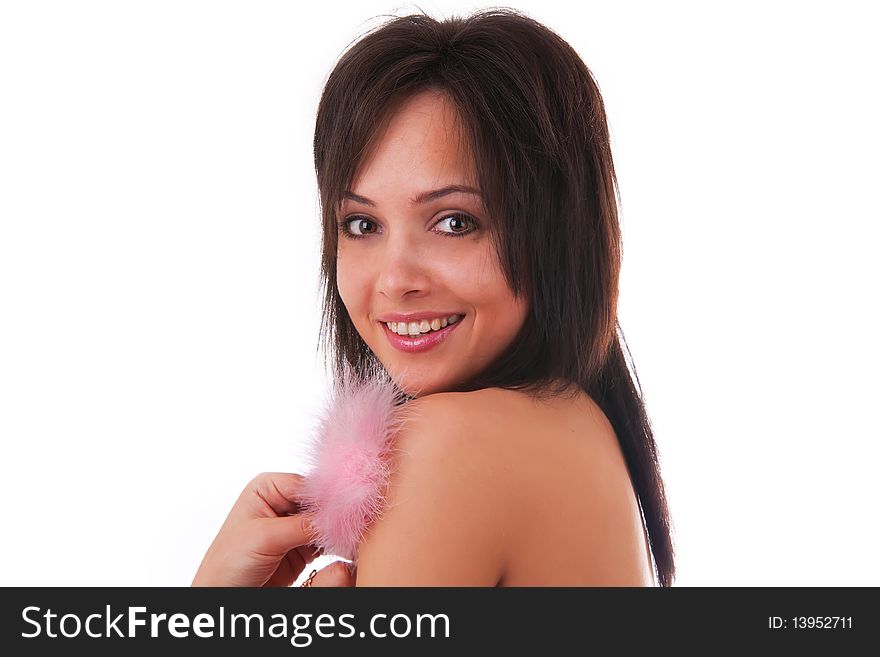 Close up portrait of a beautiful woman with smile and rose pooh in her hands, on a white background;