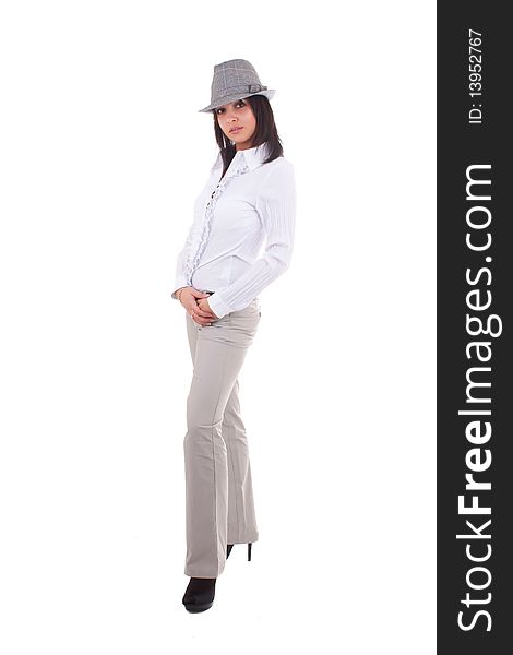 Beautiful girl in gray hat isolated white background. Beautiful girl in gray hat isolated white background