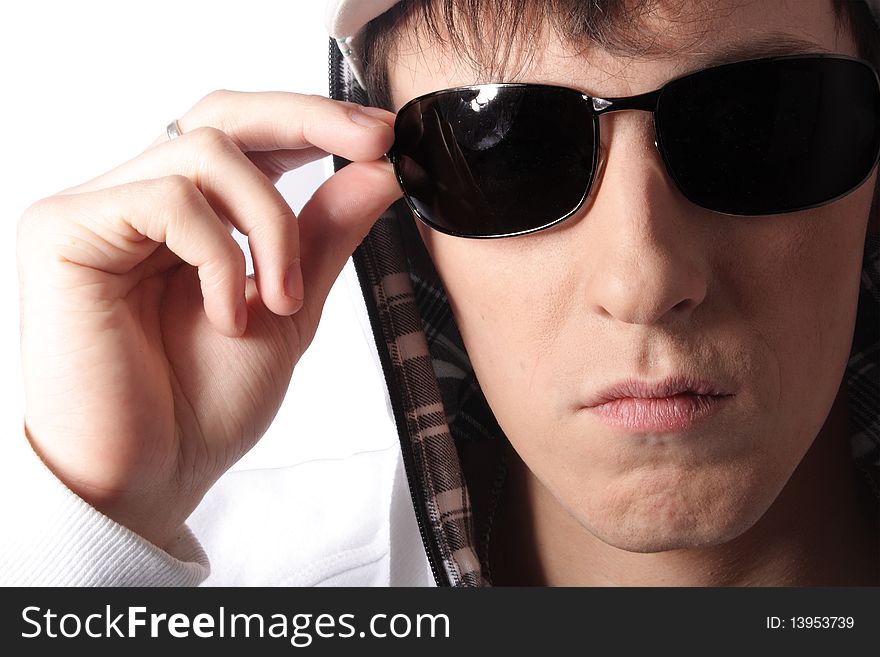 Closeup man In sunglasses on white baciground (isolated)