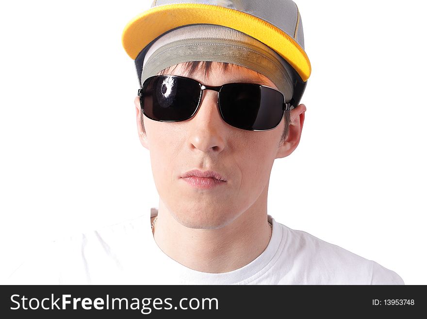 Closeup man In sunglasses on white baciground (isolated)