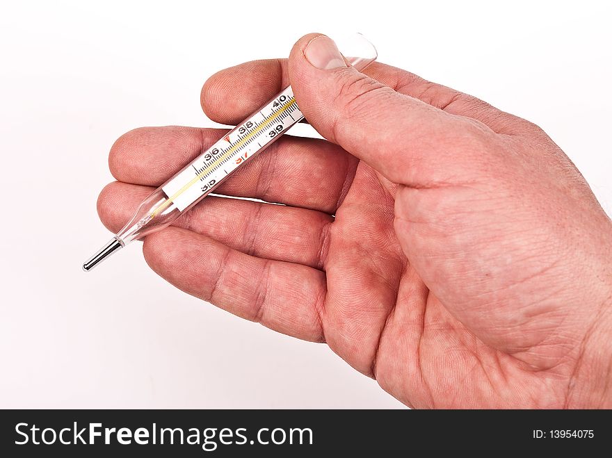 Hand with thermometer on white