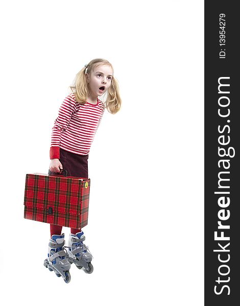 Little girl with roller skates going to school. Little girl with roller skates going to school