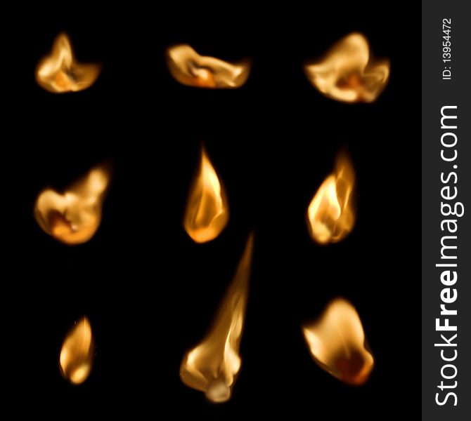 Many flames isolated on the black background