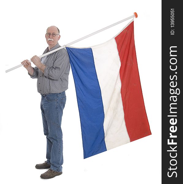Man holding a flag isolated on white