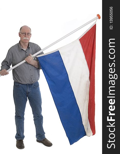 Man holding a flag isolated on white