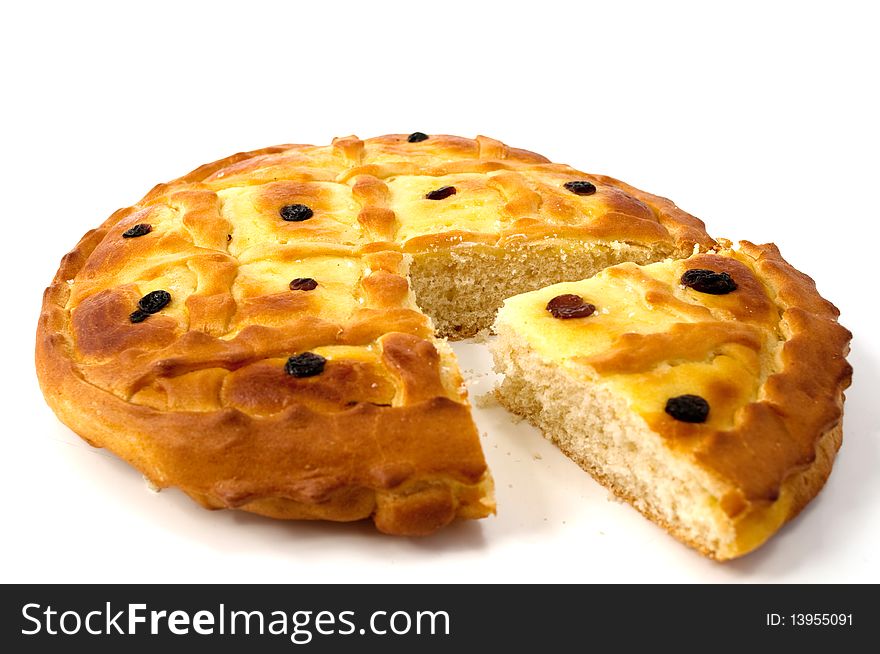 Pie with raisin on a white background